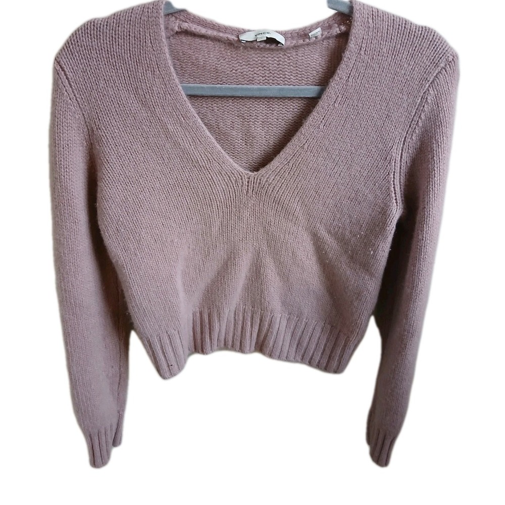 Vince V Neck Cropped Mauve Pink 100% Cashmere Chunky Knit‎ Sweater Beautiful